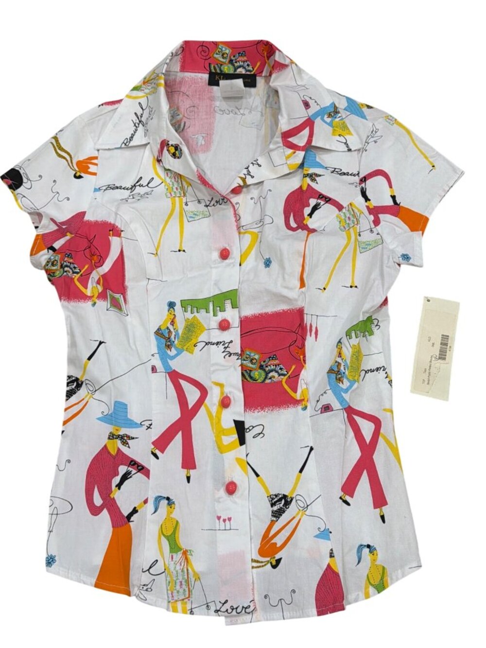 KLD Signature Womens Stretch Poplin Printed Blouse With Colorful Abstract Design